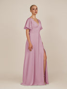 KissDress-Zorina Vintage Mauve Sheath Chiffon Cap Sleeves V Neck Long Bridesmaid Dress with Slit
