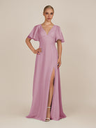 KissDress-Zorina Vintage Mauve Sheath Chiffon Cap Sleeves V Neck Long Bridesmaid Dress with Slit