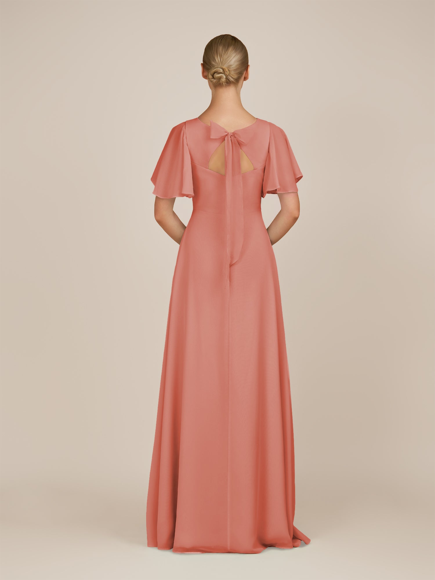 KissDress-Zorina Wild Rose Sheath Chiffon Cap Sleeves V Neck Long Bridesmaid Dress with Slit