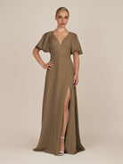 KissDress-Zorina Willow Green Sheath Chiffon Cap Sleeves V Neck Long Bridesmaid Dress with Slit