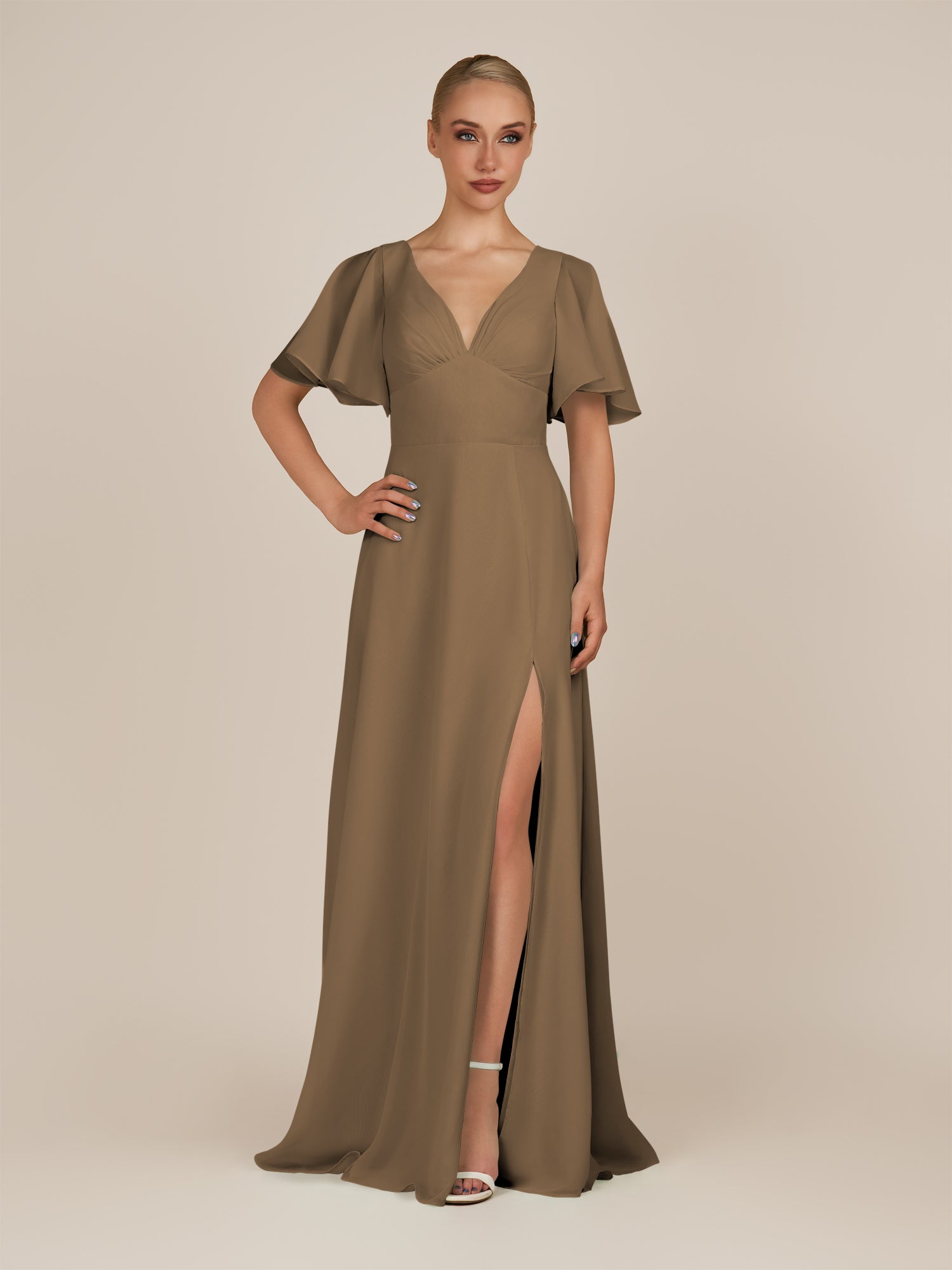 KissDress-Zorina Willow Green Sheath Chiffon Cap Sleeves V Neck Long Bridesmaid Dress with Slit