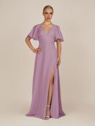 KissDress-Zorina Wisteria Sheath Chiffon Cap Sleeves V Neck Long Bridesmaid Dress with Slit