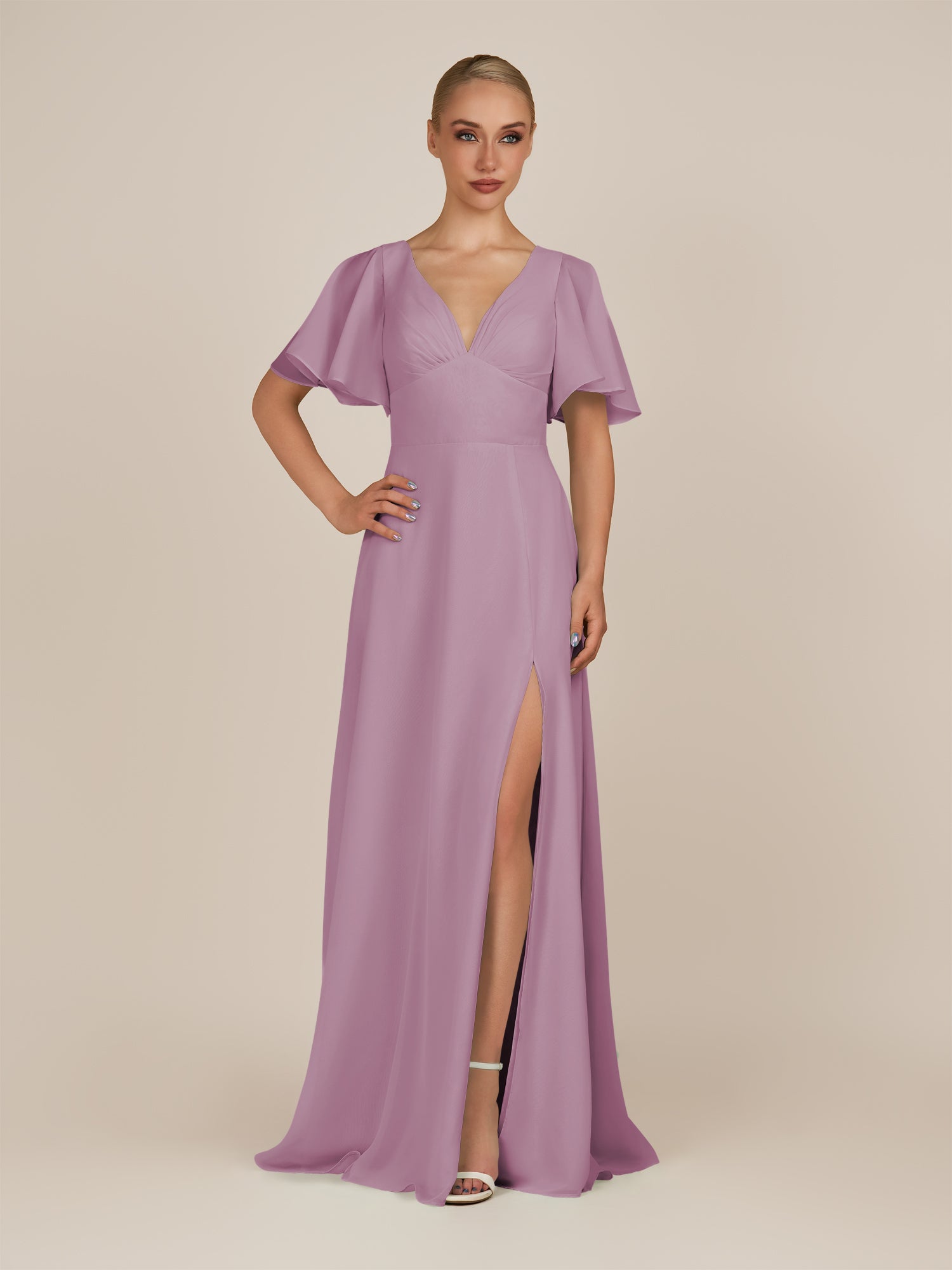 KissDress-Zorina Wisteria Sheath Chiffon Cap Sleeves V Neck Long Bridesmaid Dress with Slit