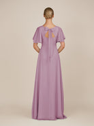 KissDress-Zorina Wisteria Sheath Chiffon Cap Sleeves V Neck Long Bridesmaid Dress with Slit
