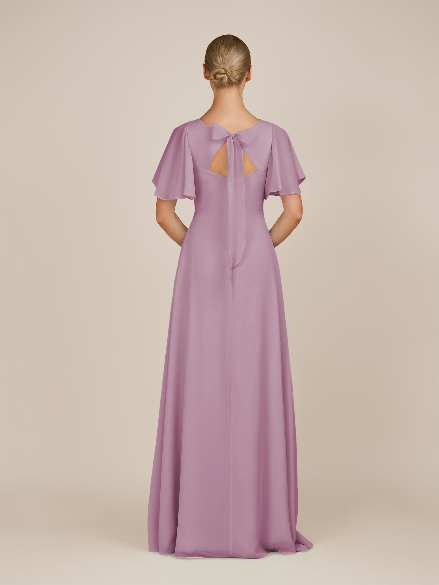 KissDress-Zorina Wisteria Sheath Chiffon Cap Sleeves V Neck Long Bridesmaid Dress with Slit