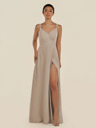 KissDress-Zyria Almond A Line Chiffon V Neck Ruched Long Bridesmaid Dress with Slit