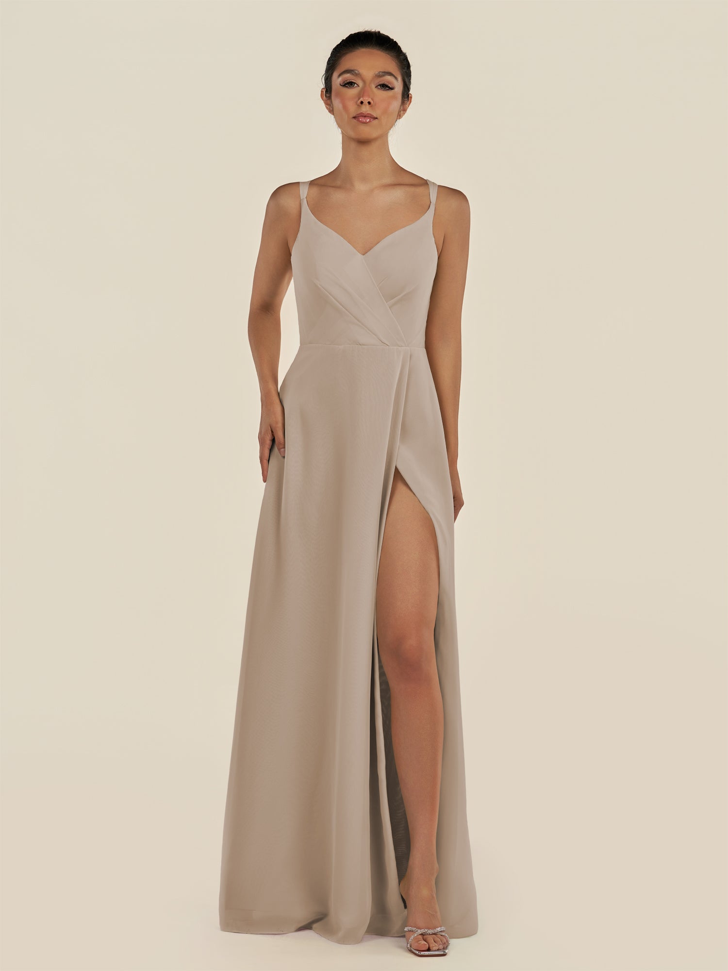 KissDress-Zyria Almond A Line Chiffon V Neck Ruched Long Bridesmaid Dress with Slit