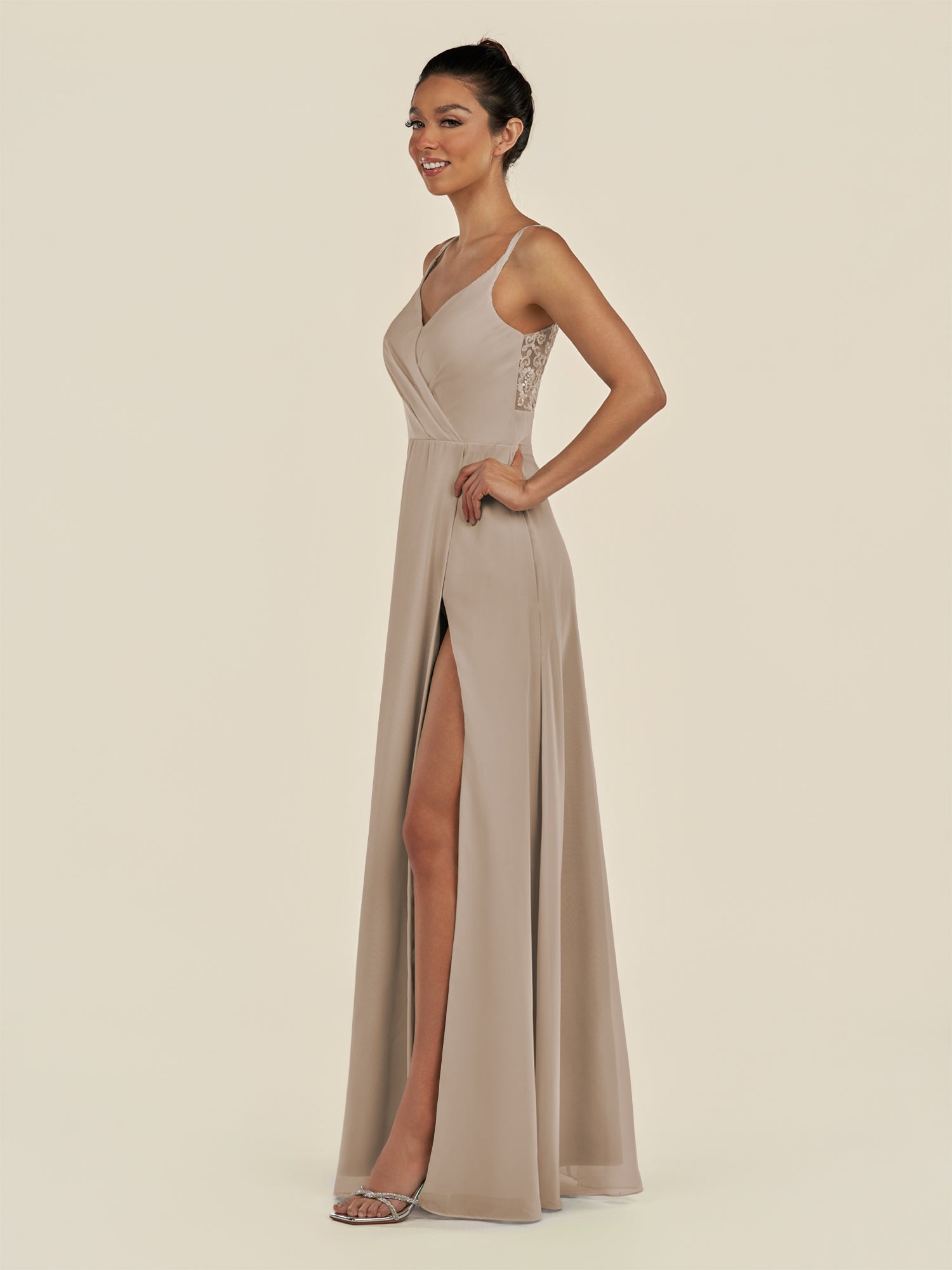 KissDress-Zyria Almond A Line Chiffon V Neck Ruched Long Bridesmaid Dress with Slit