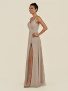 KissDress-Zyria Almond A Line Chiffon V Neck Ruched Long Bridesmaid Dress with Slit