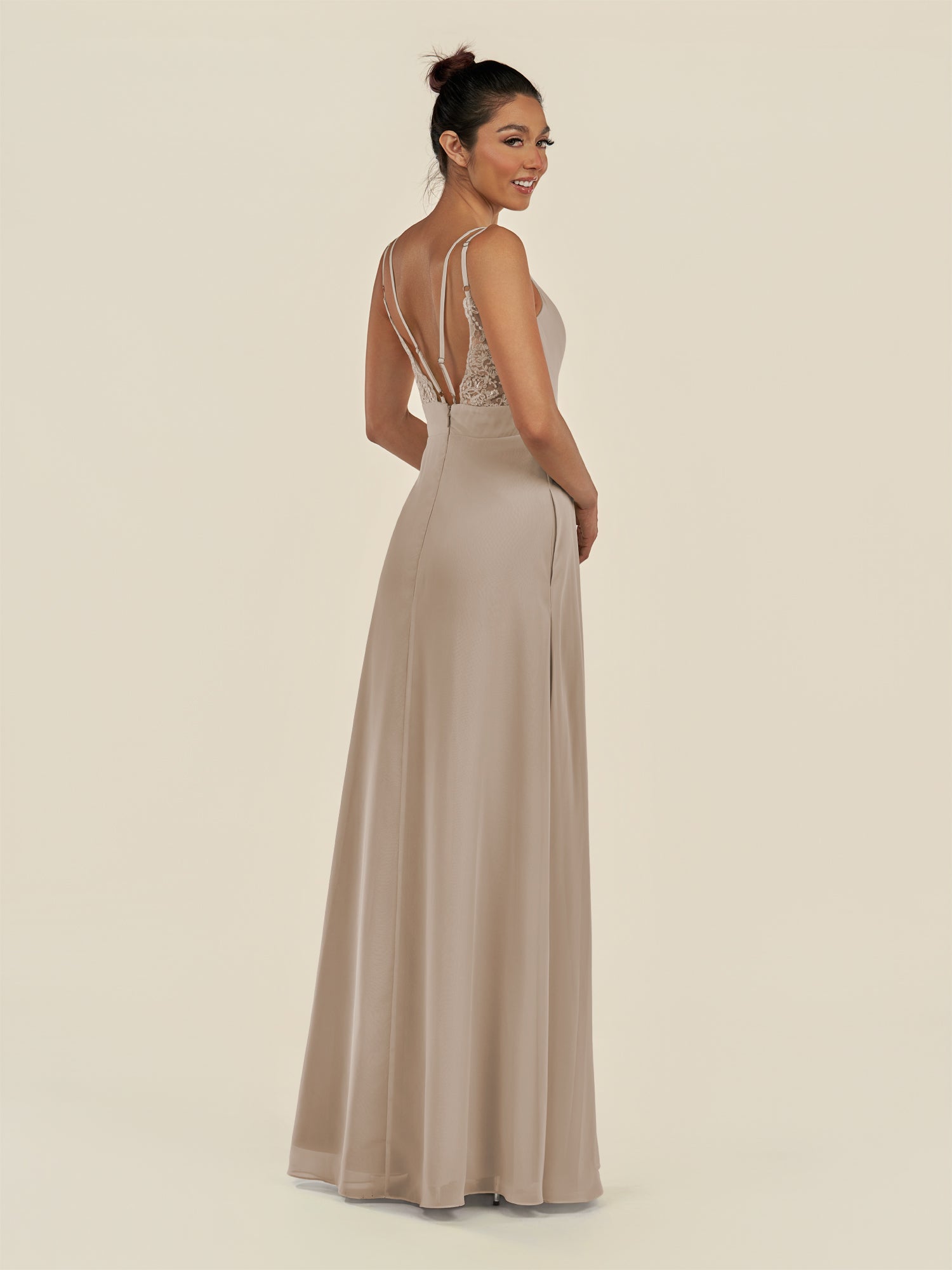 KissDress-Zyria Almond A Line Chiffon V Neck Ruched Long Bridesmaid Dress with Slit
