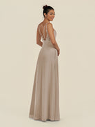 KissDress-Zyria Almond A Line Chiffon V Neck Ruched Long Bridesmaid Dress with Slit
