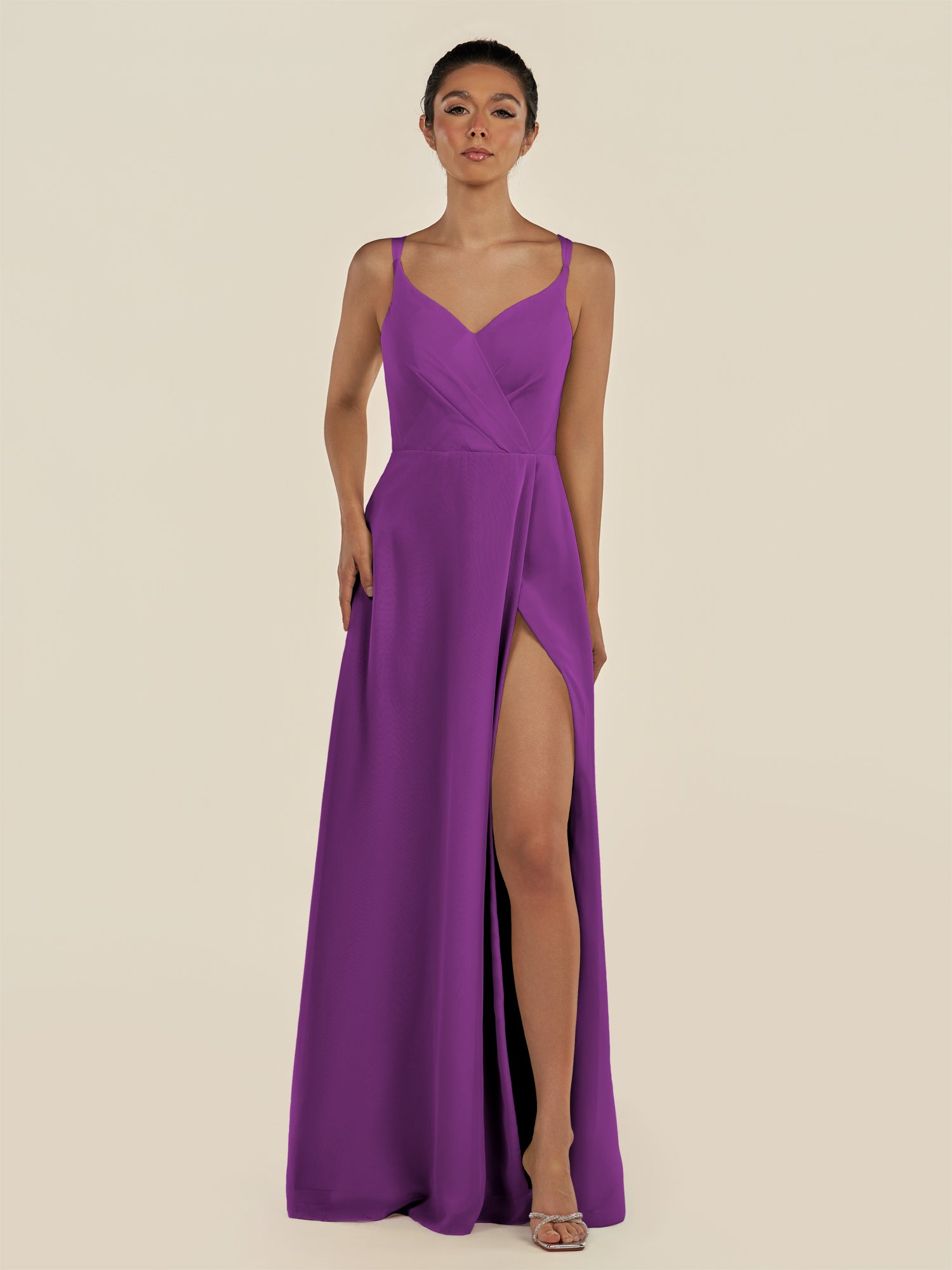 KissDress-Zyria Amethyst A Line Chiffon V Neck Ruched Long Bridesmaid Dress with Slit