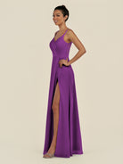 KissDress-Zyria Amethyst A Line Chiffon V Neck Ruched Long Bridesmaid Dress with Slit