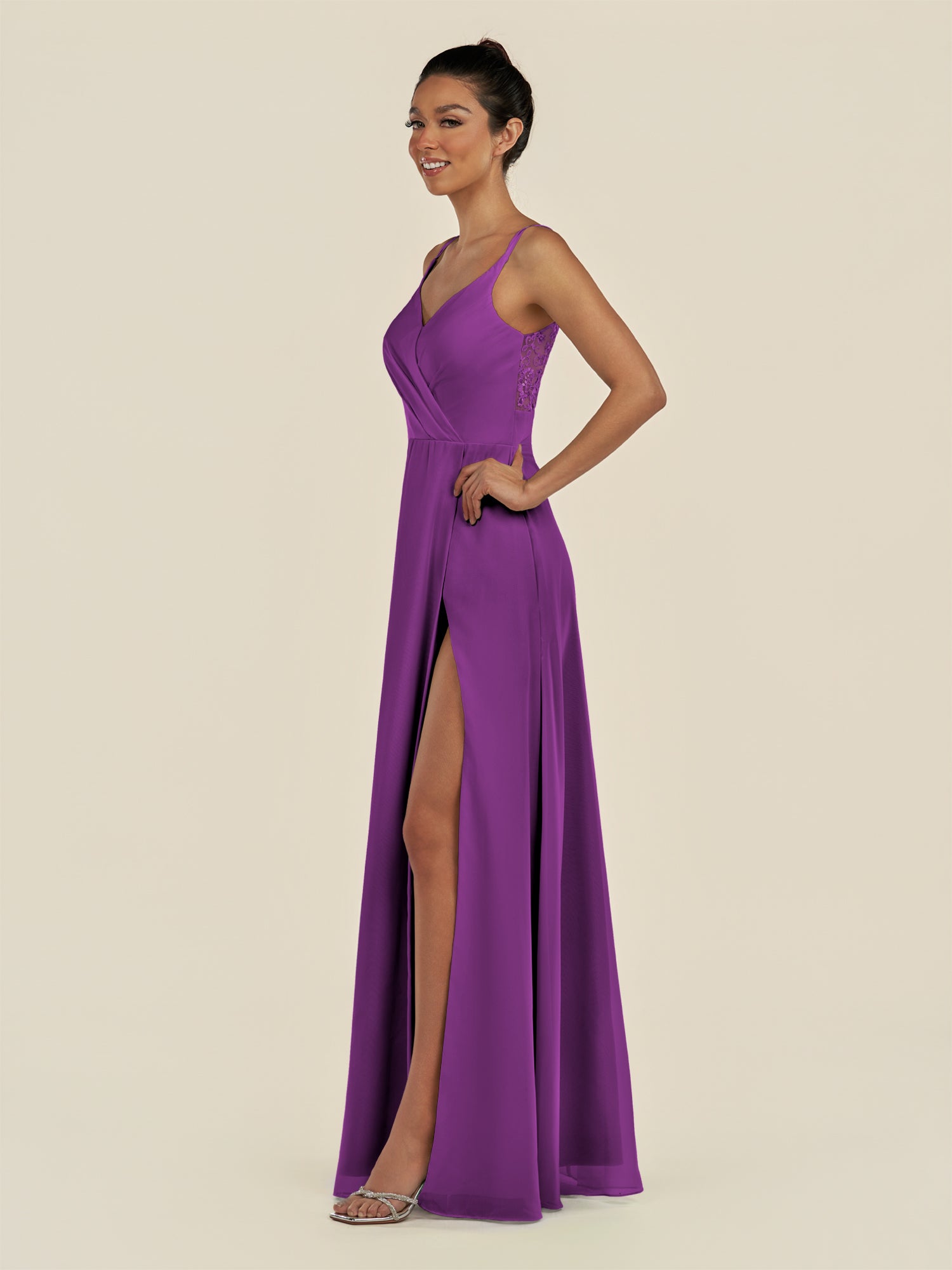 KissDress-Zyria Amethyst A Line Chiffon V Neck Ruched Long Bridesmaid Dress with Slit