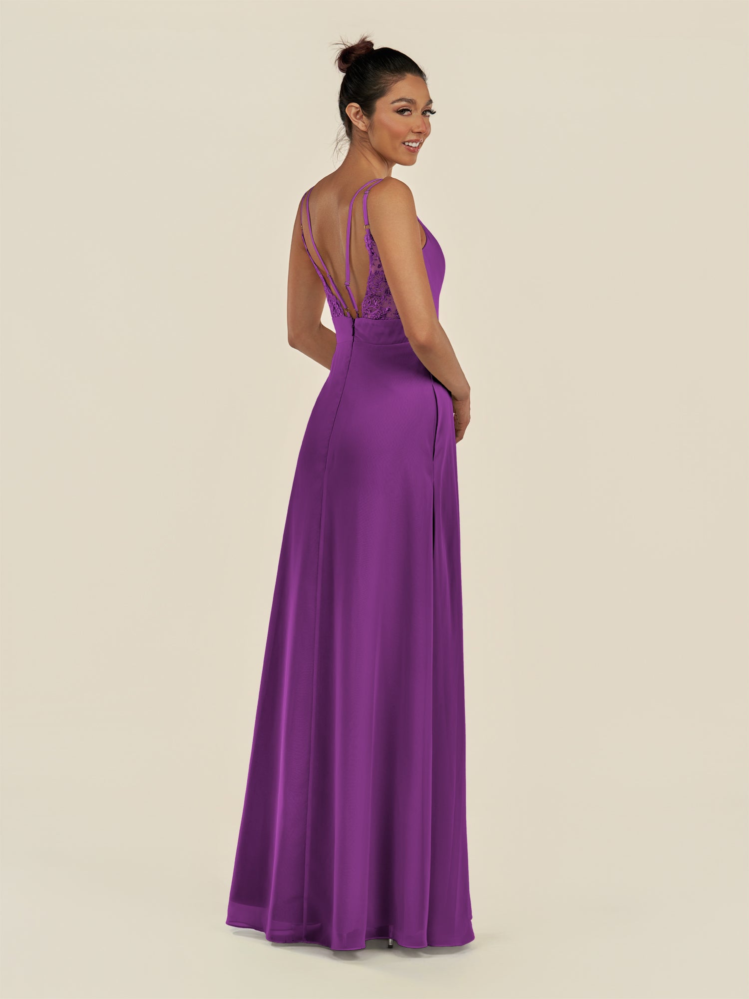 KissDress-Zyria Amethyst A Line Chiffon V Neck Ruched Long Bridesmaid Dress with Slit