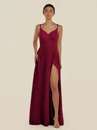 KissDress-Zyria Berry A Line Chiffon V Neck Ruched Long Bridesmaid Dress with Slit