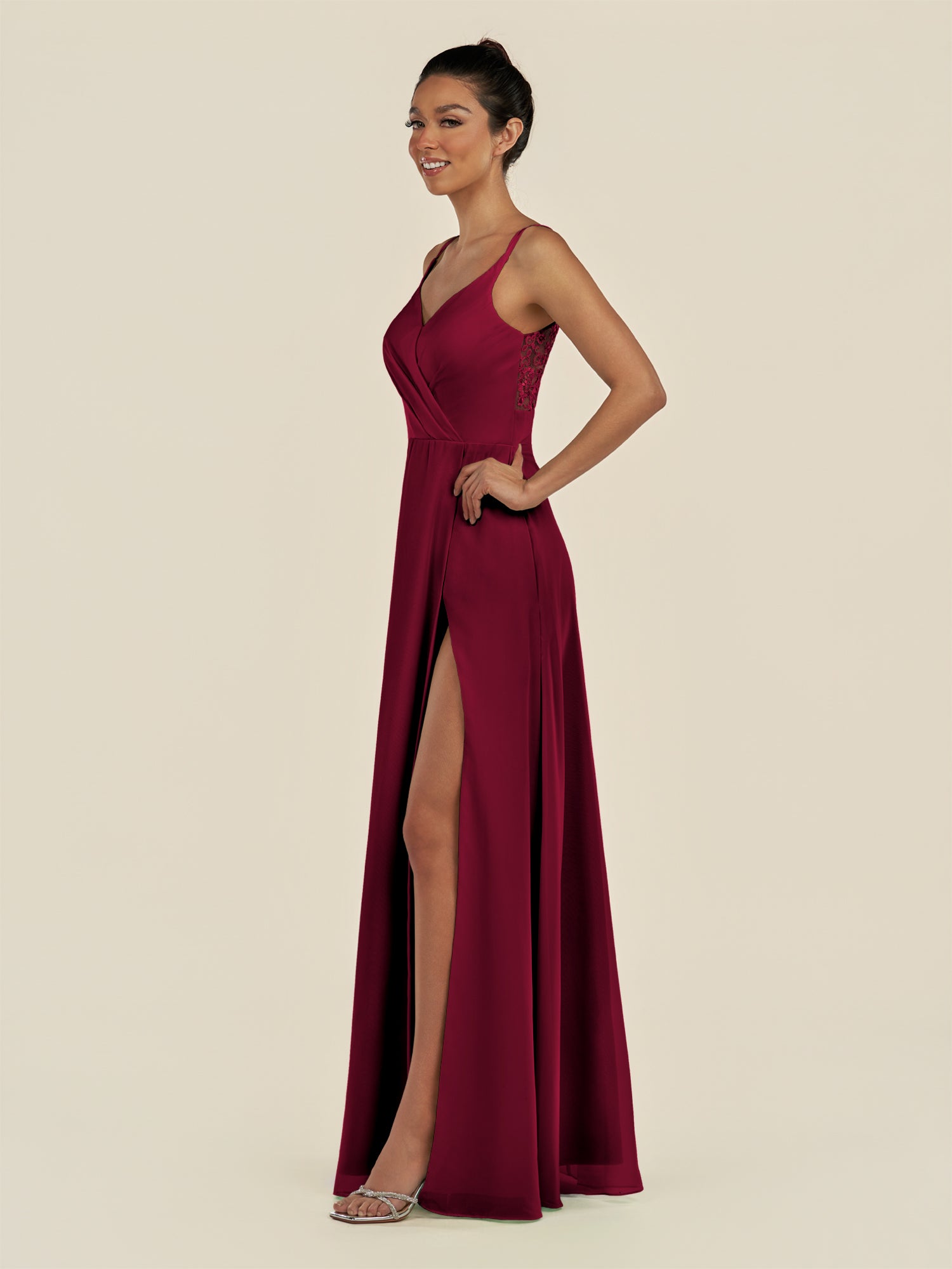KissDress-Zyria Berry A Line Chiffon V Neck Ruched Long Bridesmaid Dress with Slit