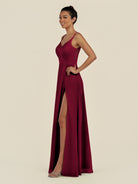 KissDress-Zyria Berry A Line Chiffon V Neck Ruched Long Bridesmaid Dress with Slit