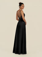 KissDress-Zyria Black A Line Chiffon V Neck Ruched Long Bridesmaid Dress with Slit