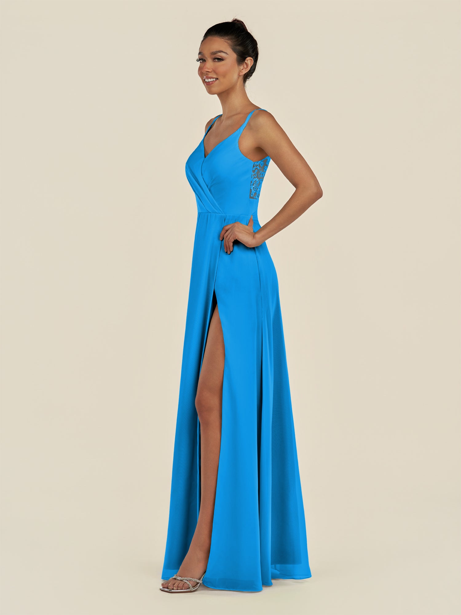 KissDress-Zyria Blue Jay A Line Chiffon V Neck Ruched Long Bridesmaid Dress with Slit