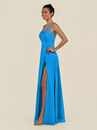 KissDress-Zyria Blue Jay A Line Chiffon V Neck Ruched Long Bridesmaid Dress with Slit