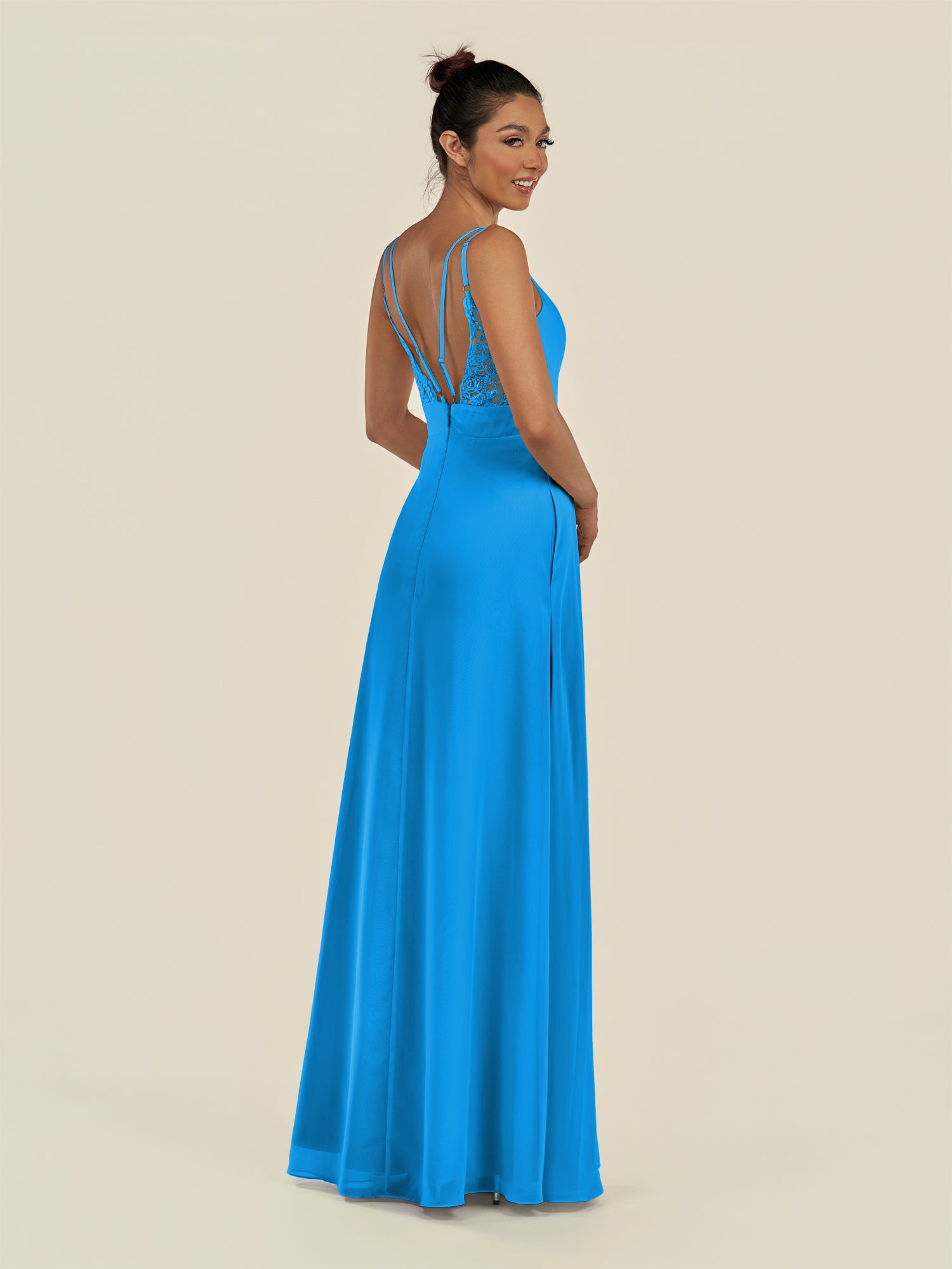 KissDress-Zyria Blue Jay A Line Chiffon V Neck Ruched Long Bridesmaid Dress with Slit