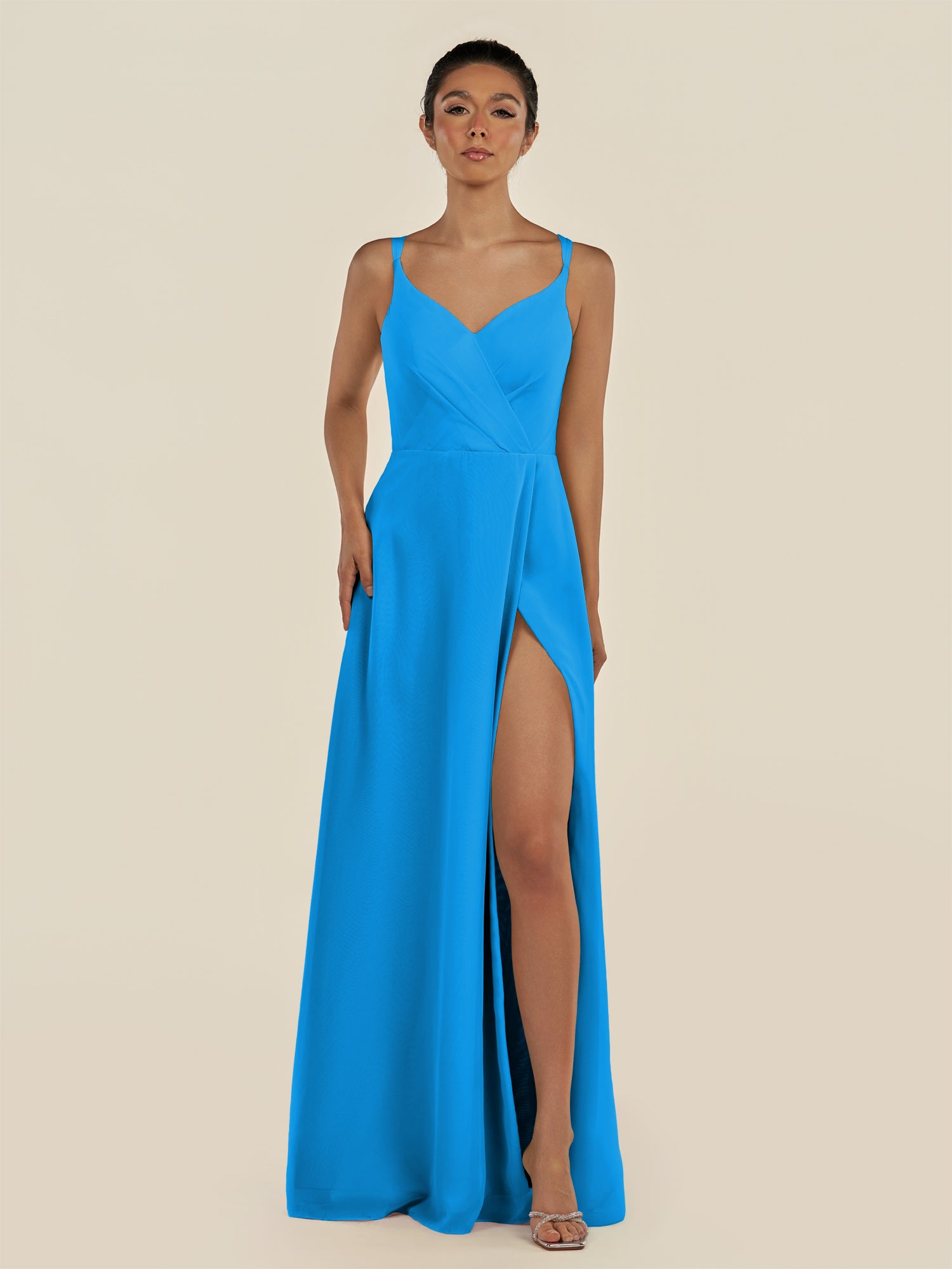 KissDress-Zyria Blue Jay A Line Chiffon V Neck Ruched Long Bridesmaid Dress with Slit