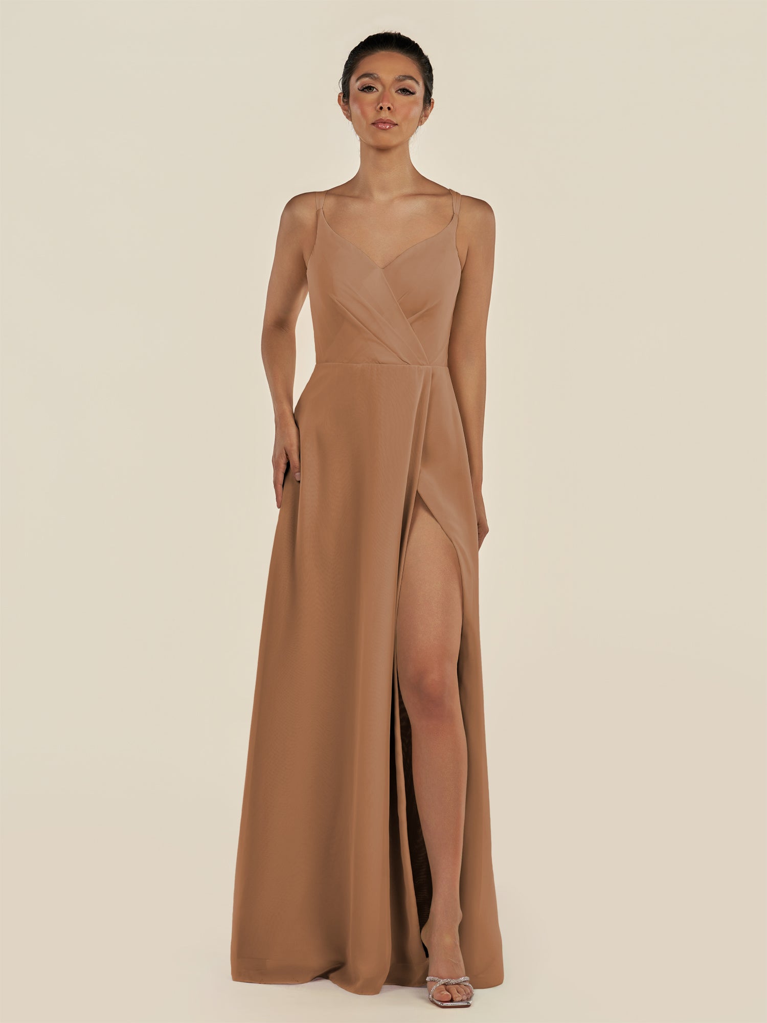 KissDress-Zyria Bronzer A Line Chiffon V Neck Ruched Long Bridesmaid Dress with Slit
