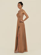 KissDress-Zyria Bronzer A Line Chiffon V Neck Ruched Long Bridesmaid Dress with Slit