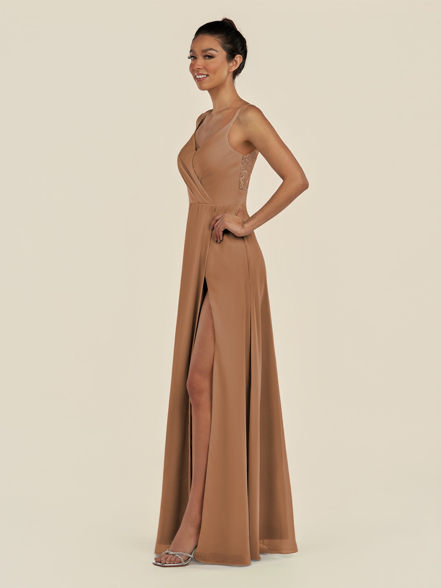KissDress-Zyria Bronzer A Line Chiffon V Neck Ruched Long Bridesmaid Dress with Slit