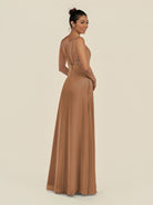 KissDress-Zyria Bronzer A Line Chiffon V Neck Ruched Long Bridesmaid Dress with Slit