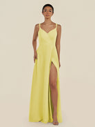 KissDress-Zyria Buttercup A Line Chiffon V Neck Ruched Long Bridesmaid Dress with Slit