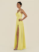 KissDress-Zyria Buttercup A Line Chiffon V Neck Ruched Long Bridesmaid Dress with Slit