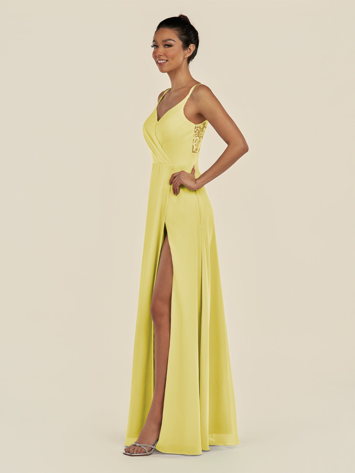 KissDress-Zyria Buttercup A Line Chiffon V Neck Ruched Long Bridesmaid Dress with Slit