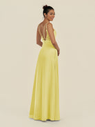 KissDress-Zyria Buttercup A Line Chiffon V Neck Ruched Long Bridesmaid Dress with Slit