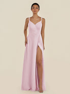 KissDress-Zyria Candy Pink A Line Chiffon V Neck Ruched Long Bridesmaid Dress with Slit