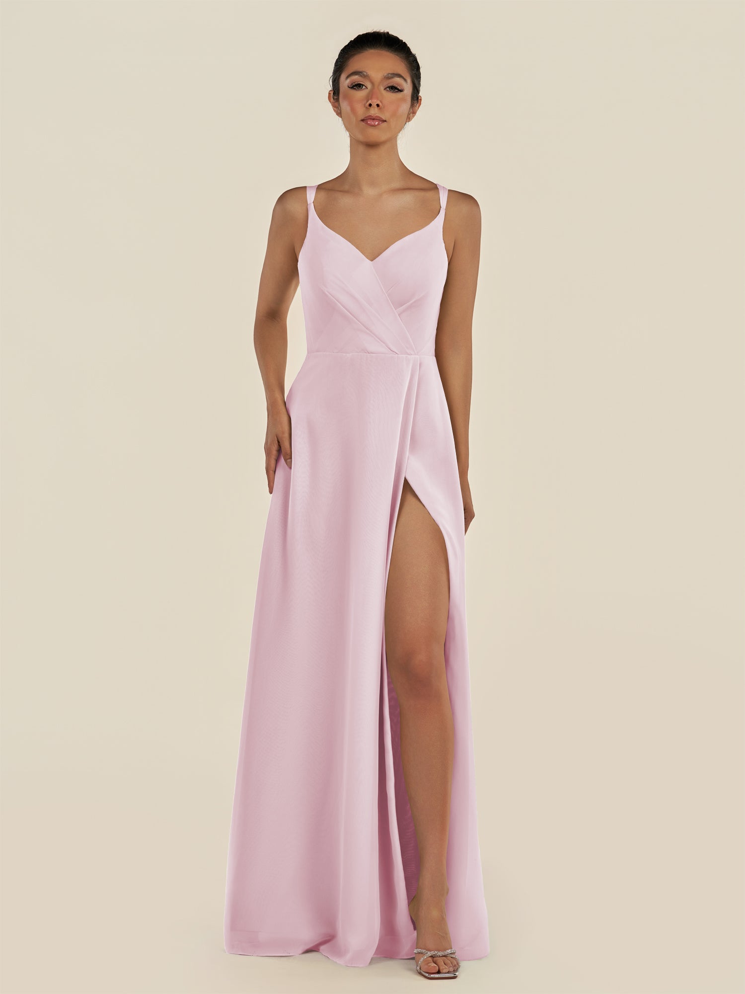 KissDress-Zyria Candy Pink A Line Chiffon V Neck Ruched Long Bridesmaid Dress with Slit