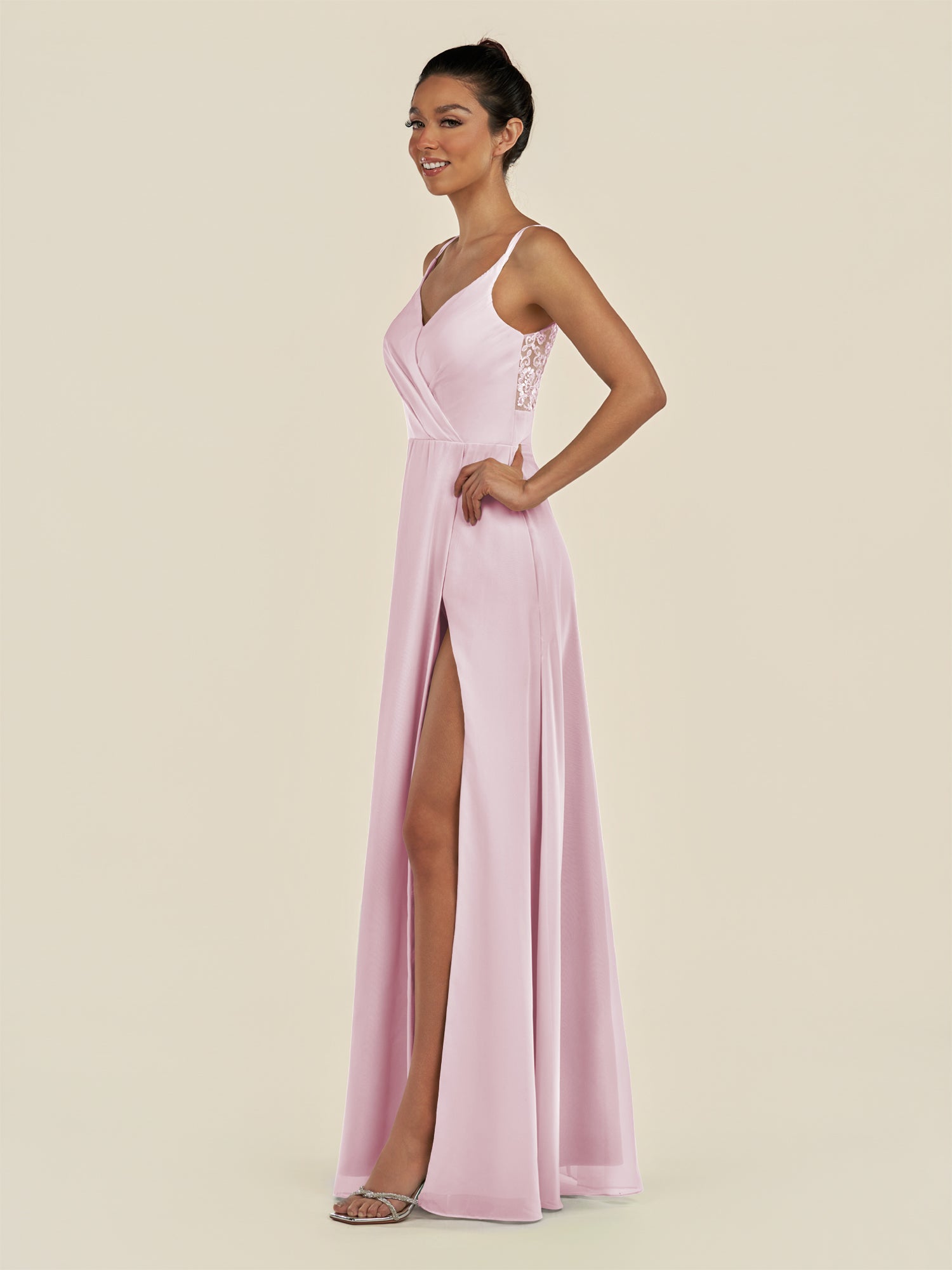 KissDress-Zyria Candy Pink A Line Chiffon V Neck Ruched Long Bridesmaid Dress with Slit
