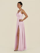 KissDress-Zyria Candy Pink A Line Chiffon V Neck Ruched Long Bridesmaid Dress with Slit