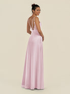 KissDress-Zyria Candy Pink A Line Chiffon V Neck Ruched Long Bridesmaid Dress with Slit