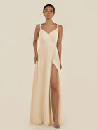 KissDress-Zyria Champagne A Line Chiffon V Neck Ruched Long Bridesmaid Dress with Slit