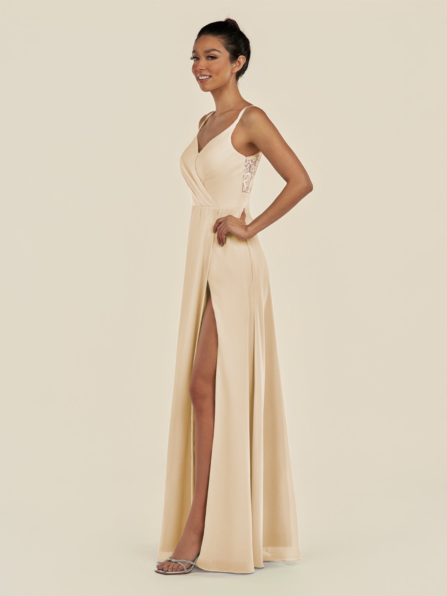 KissDress-Zyria Champagne A Line Chiffon V Neck Ruched Long Bridesmaid Dress with Slit