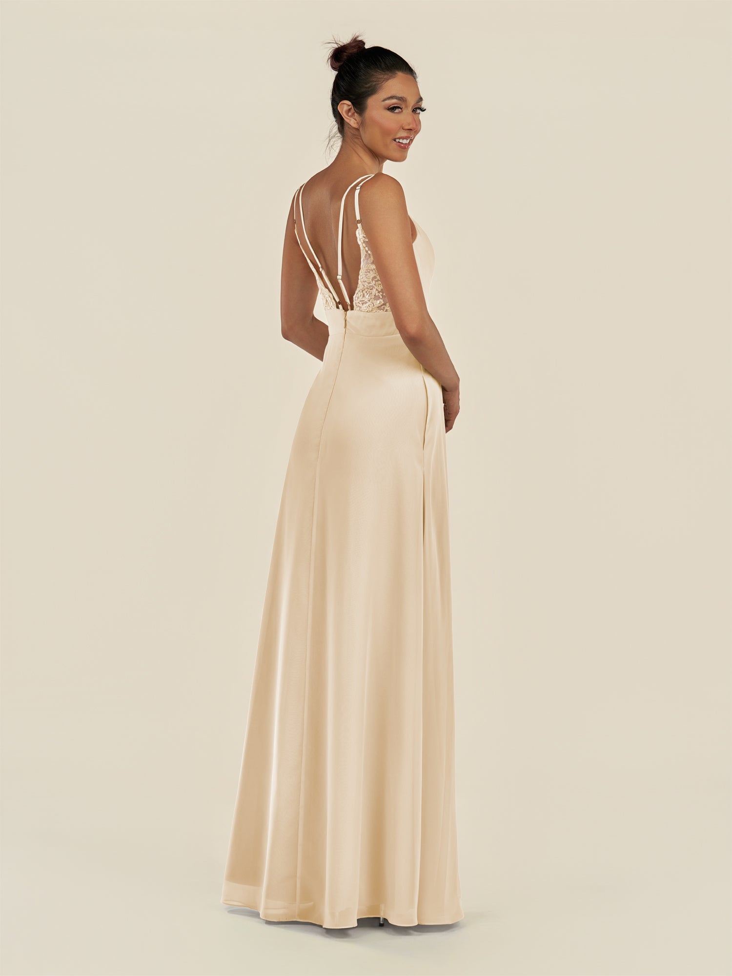 KissDress-Zyria Champagne A Line Chiffon V Neck Ruched Long Bridesmaid Dress with Slit