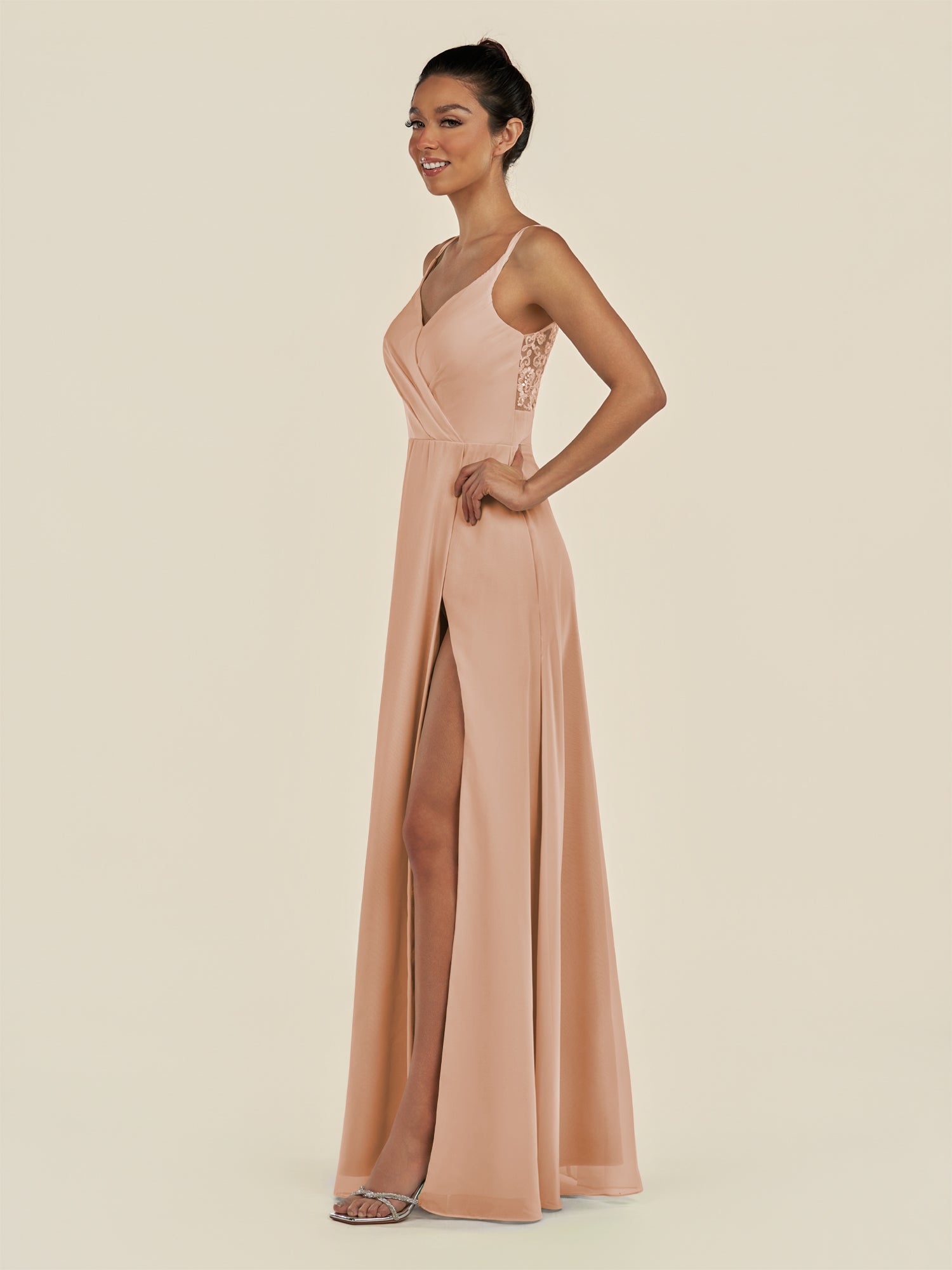 KissDress-Zyria Champagne Rose A Line Chiffon V Neck Ruched Long Bridesmaid Dress with Slit