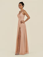 KissDress-Zyria Champagne Rose A Line Chiffon V Neck Ruched Long Bridesmaid Dress with Slit