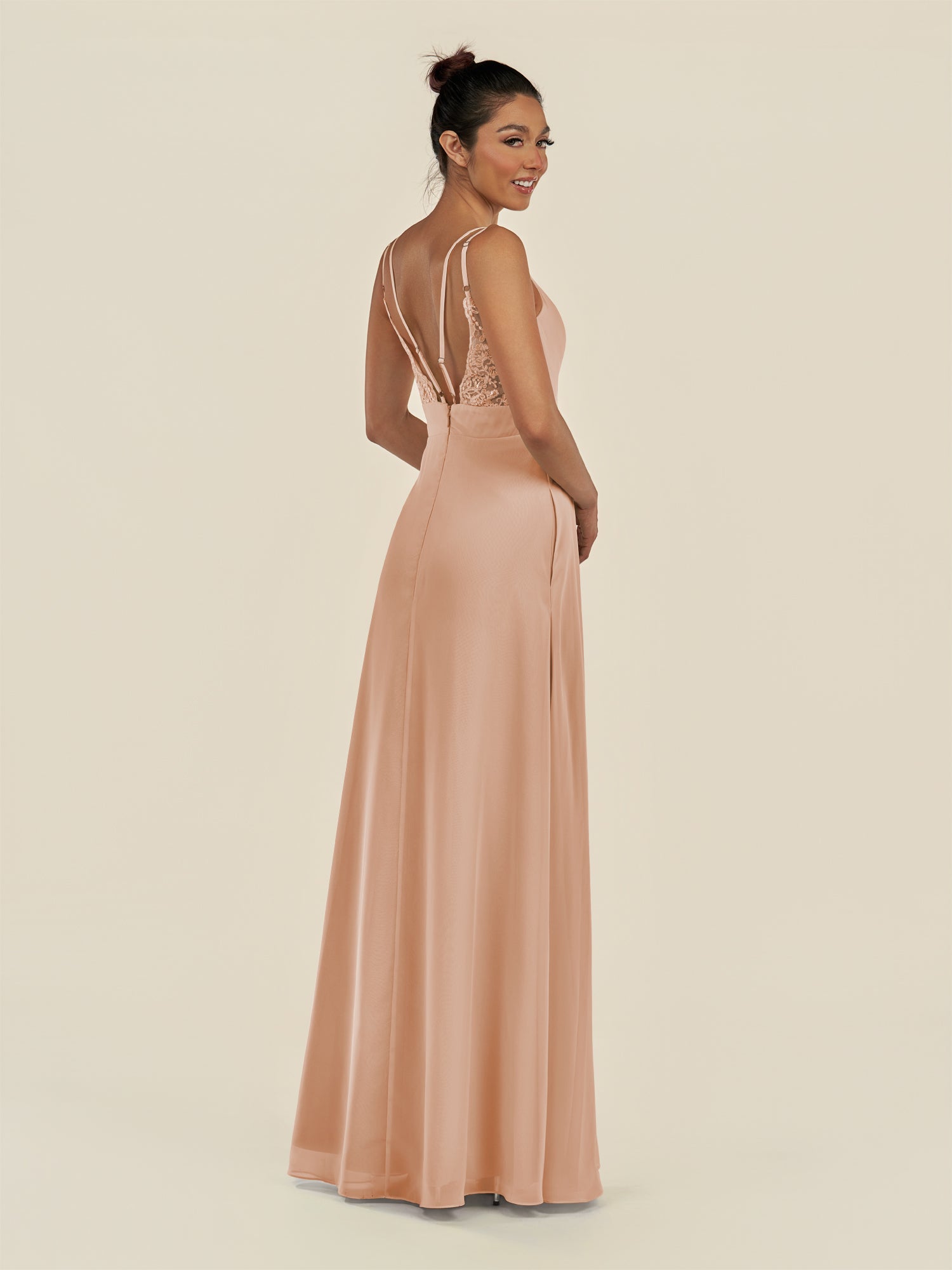 KissDress-Zyria Champagne Rose A Line Chiffon V Neck Ruched Long Bridesmaid Dress with Slit