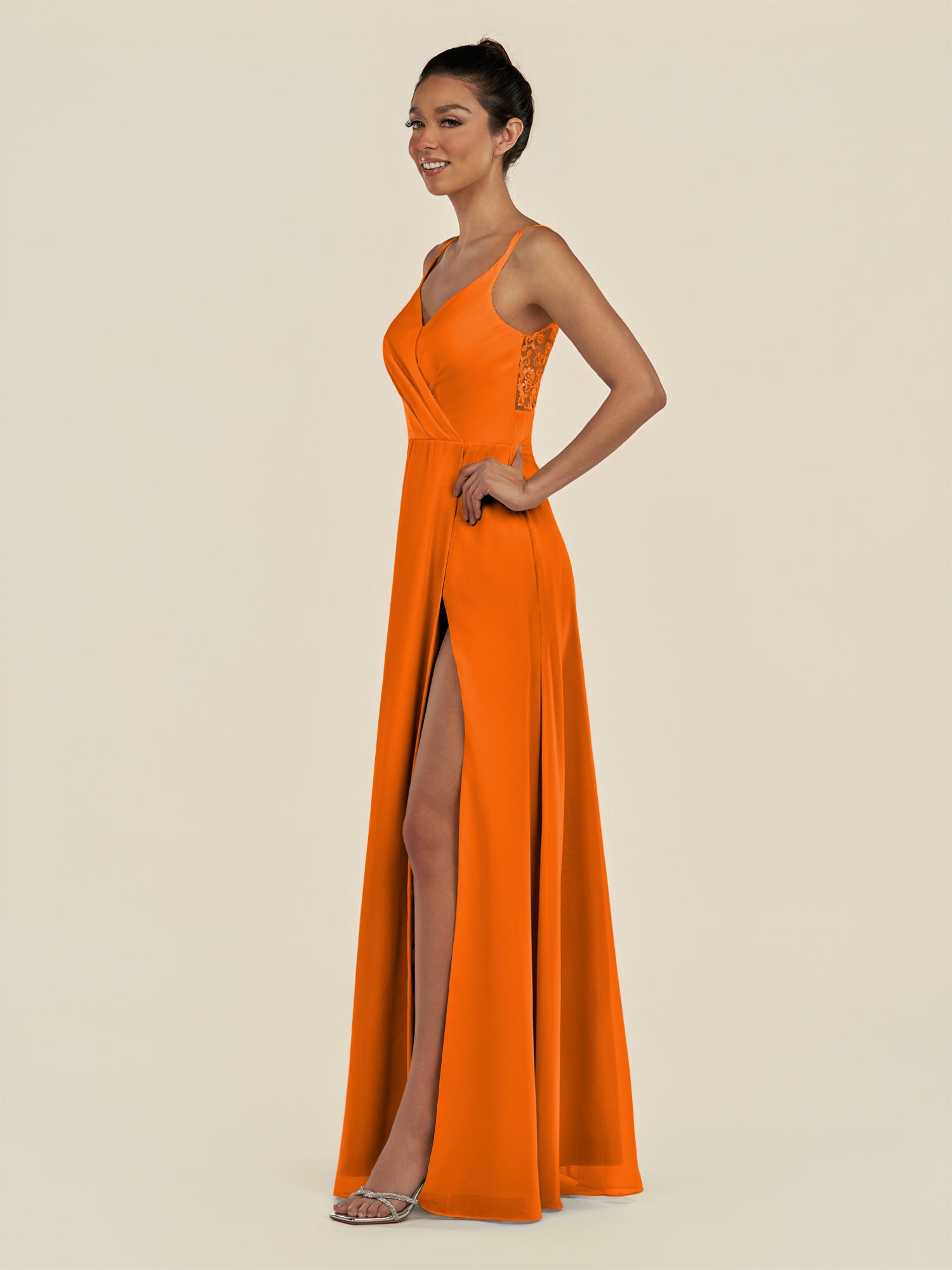 KissDress-Zyria Cinnamon A Line Chiffon V Neck Ruched Long Bridesmaid Dress with Slit