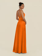 KissDress-Zyria Cinnamon A Line Chiffon V Neck Ruched Long Bridesmaid Dress with Slit