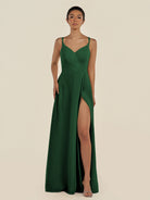 KissDress-Zyria Dark Green A Line Chiffon V Neck Ruched Long Bridesmaid Dress with Slit