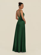 KissDress-Zyria Dark Green A Line Chiffon V Neck Ruched Long Bridesmaid Dress with Slit